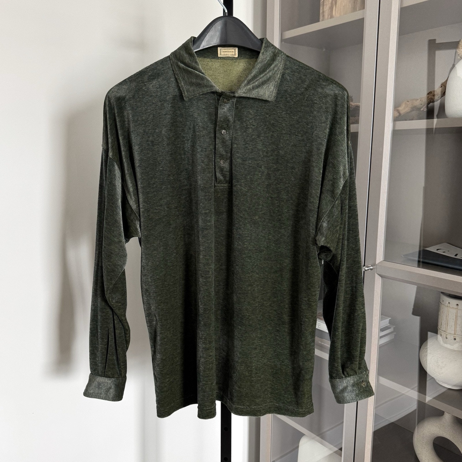 Gianni Versace Vintage Green Velour Long Sleeve Collared Polo Button Shirt 48
